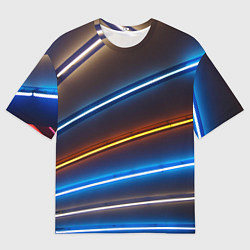 Футболка оверсайз мужская Неоновые фонари на линиях - Голубой и оранжевый, цвет: 3D-принт