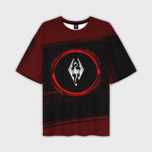 Мужская футболка оверсайз Символ Skyrim и краска вокруг на темном фоне / 3D-принт – фото 1