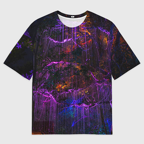 Мужская футболка оверсайз Неоновые лучи и листья - Фиолетовый / 3D-принт – фото 1