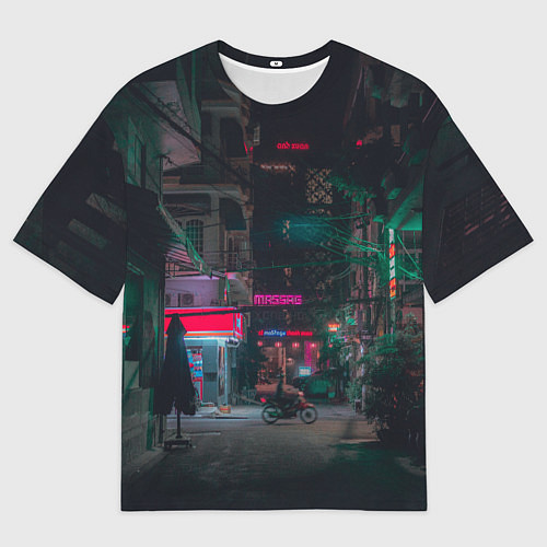 Мужская футболка оверсайз Неоновый мрачный город - Тёмно-зелёный / 3D-принт – фото 1