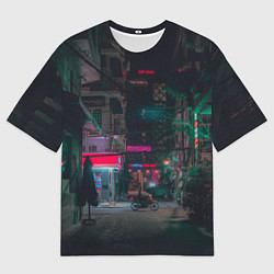 Футболка оверсайз мужская Неоновый мрачный город - Тёмно-зелёный, цвет: 3D-принт