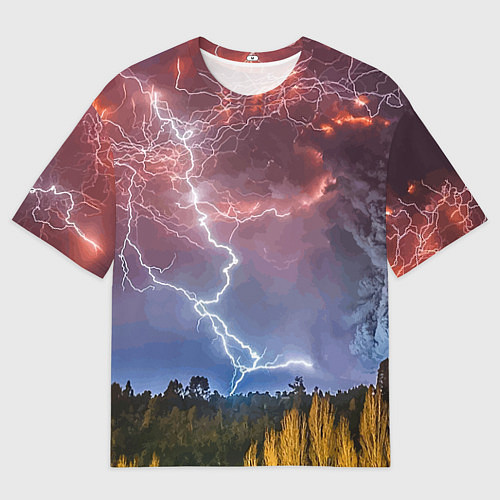 Мужская футболка оверсайз Грозовые разряды молний над лесом / 3D-принт – фото 1