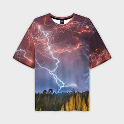 Мужская футболка оверсайз Грозовые разряды молний над лесом