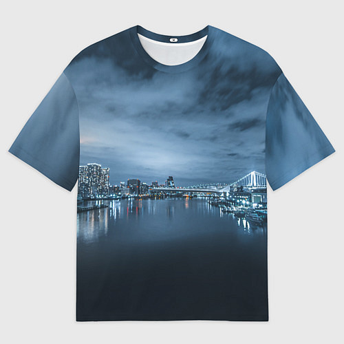 Мужская футболка оверсайз Неоновый город вдалеке и небо - Синий / 3D-принт – фото 1