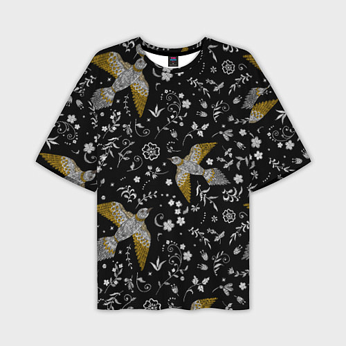 Мужская футболка оверсайз Птицы и цветы с эффектом вышивки / 3D-принт – фото 1