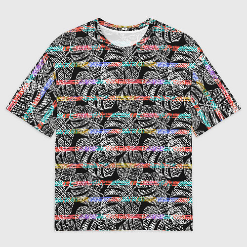 Мужская футболка оверсайз Листья монстеры на черном в полоску / 3D-принт – фото 1