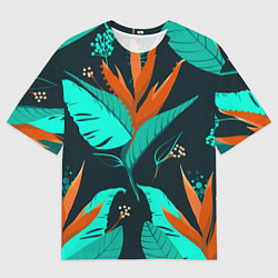 Футболка оверсайз мужская Оранжевый цветок с голубыми листами, цвет: 3D-принт