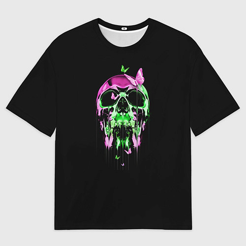 Мужская футболка оверсайз Неоновая черепушка с бабочками / 3D-принт – фото 1