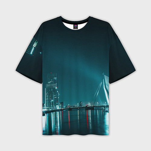 Мужская футболка оверсайз Неоновый мост и город - Светло-синий / 3D-принт – фото 1