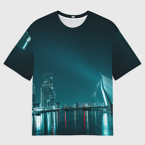 Мужская футболка оверсайз Неоновый мост и город - Светло-синий / 3D-принт – фото 1
