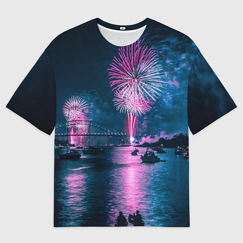 Мужская футболка оверсайз Неоновый салют над рекой ночью - Синий / 3D-принт – фото 1
