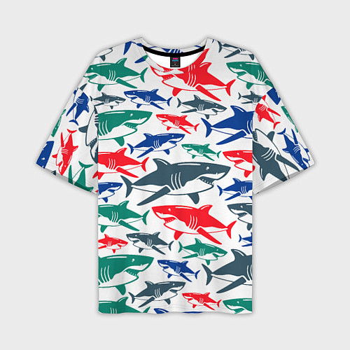 Мужская футболка оверсайз Стая разноцветных акул - паттерн / 3D-принт – фото 1
