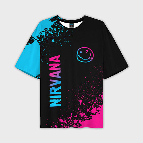 Мужская футболка оверсайз Nirvana - neon gradient: символ и надпись вертикал / 3D-принт – фото 1