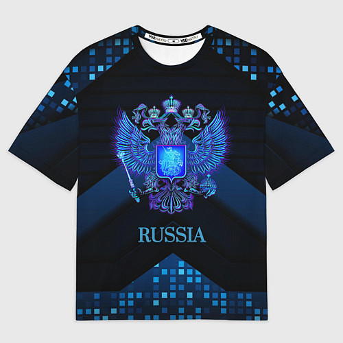 Мужская футболка оверсайз Синий неоновый герб России / 3D-принт – фото 1