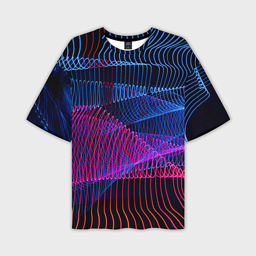 Мужская футболка оверсайз Неоновые электронные волнообразные линии / 3D-принт – фото 1