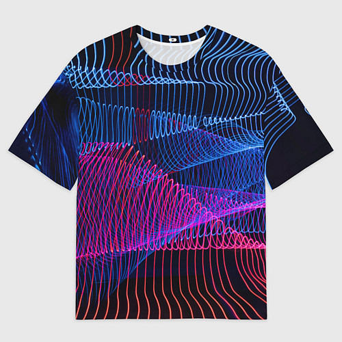 Мужская футболка оверсайз Неоновые электронные волнообразные линии / 3D-принт – фото 1