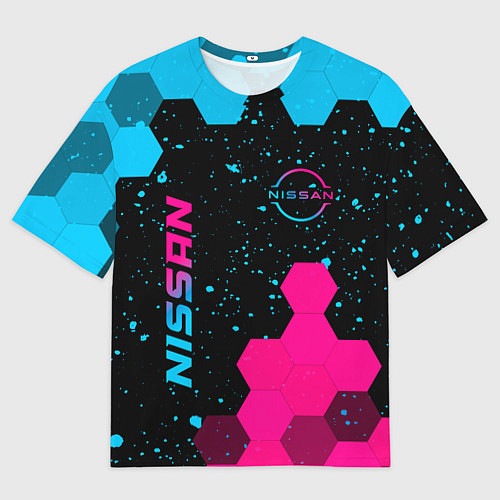Мужская футболка оверсайз Nissan - neon gradient: символ и надпись вертикаль / 3D-принт – фото 1