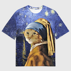 Футболка оверсайз мужская Прикол с котом: пародия картина, цвет: 3D-принт