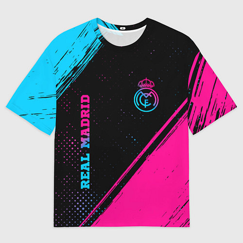 Мужская футболка оверсайз Real Madrid - neon gradient: символ и надпись верт / 3D-принт – фото 1