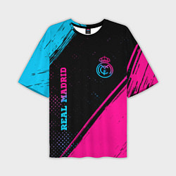 Мужская футболка оверсайз Real Madrid - neon gradient: символ и надпись верт