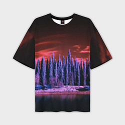Мужская футболка оверсайз Абстрактный фиолетовый лес и тёмная река