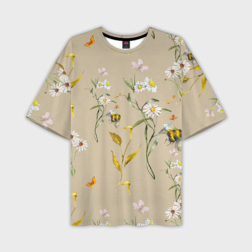 Мужская футболка оверсайз Нарисованные Цветы Ромашки и Пчёлы / 3D-принт – фото 1