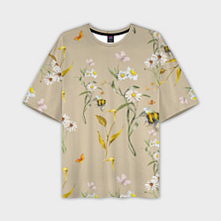 Мужская футболка оверсайз Нарисованные Цветы Ромашки и Пчёлы
