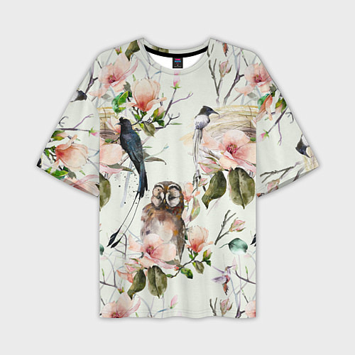 Мужская футболка оверсайз Цветы Нарисованные Магнолии и Птицы / 3D-принт – фото 1