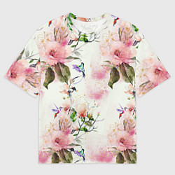 Мужская футболка оверсайз Цветы Нарисованные Магнолии и Разноцветные Птицы