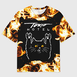 Мужская футболка оверсайз Tokio Hotel рок кот и огонь