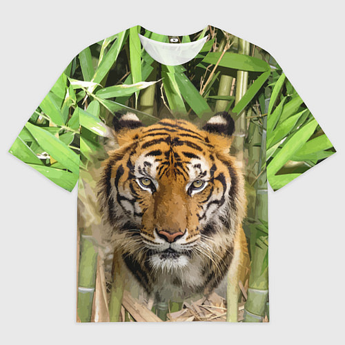 Мужская футболка оверсайз Матёрый тигр в зарослях бамбука / 3D-принт – фото 1