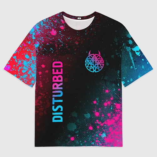 Мужская футболка оверсайз Disturbed - neon gradient: символ и надпись вертик / 3D-принт – фото 1