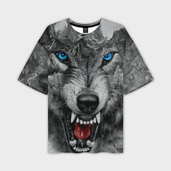 Мужская футболка оверсайз Агрессивный волк с синими глазами