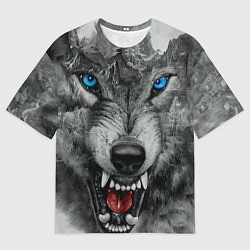Футболка оверсайз мужская Агрессивный волк с синими глазами, цвет: 3D-принт