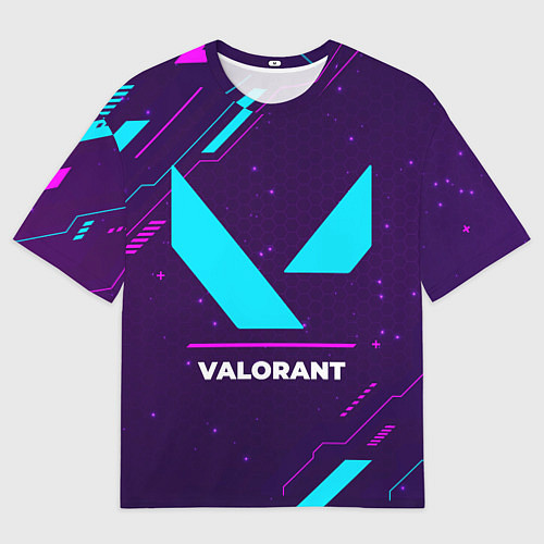 Мужская футболка оверсайз Символ Valorant в неоновых цветах на темном фоне / 3D-принт – фото 1