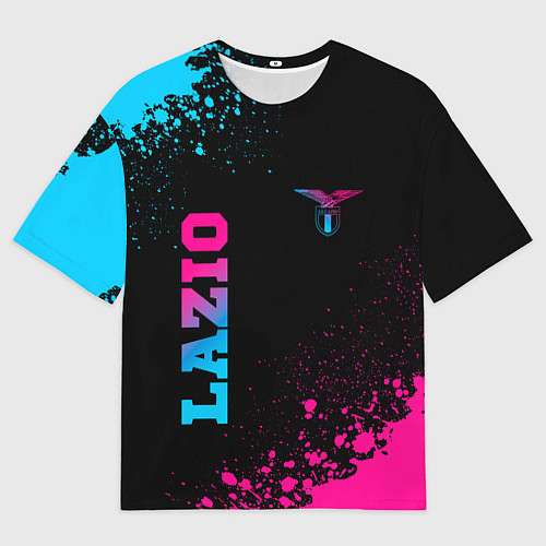 Мужская футболка оверсайз Lazio - neon gradient: символ и надпись вертикальн / 3D-принт – фото 1