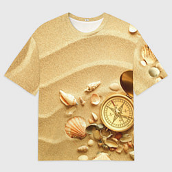 Мужская футболка оверсайз Композиция из ракушек и компаса на песке