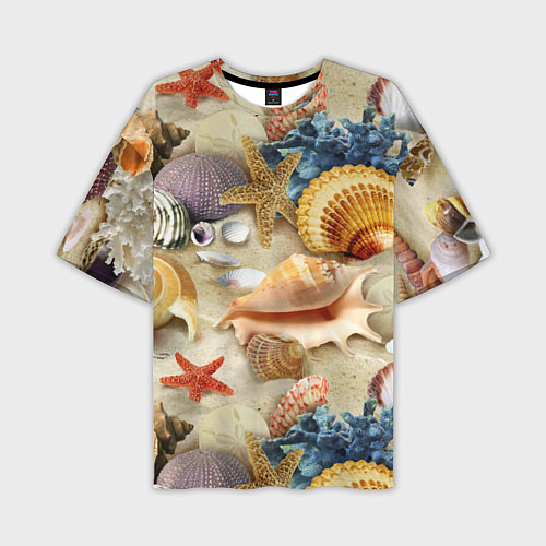 Мужская футболка оверсайз Морские раковины, кораллы, морские звёзды на песке / 3D-принт – фото 1