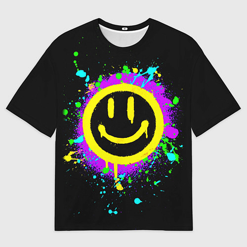 Мужская футболка оверсайз Смайлик - неоновые брызги / 3D-принт – фото 1