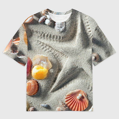 Мужская футболка оверсайз Звезда из песка, ракушки и две жемчужины / 3D-принт – фото 1