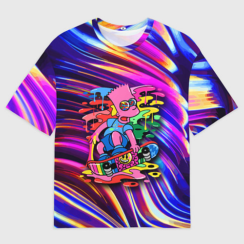 Мужская футболка оверсайз Скейтбордист Барт Симпсон на фоне разноцветных кля / 3D-принт – фото 1