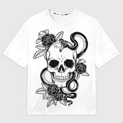 Футболка оверсайз мужская Череп и Мамба и чёрные розы, цвет: 3D-принт