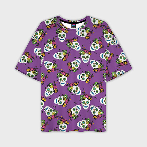 Мужская футболка оверсайз Сахарные черепа на фиолетовом паттерн / 3D-принт – фото 1