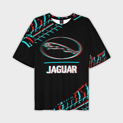 Мужская футболка оверсайз Значок Jaguar в стиле glitch на темном фоне