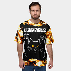 Футболка оверсайз мужская Scorpions рок кот и огонь, цвет: 3D-принт — фото 2