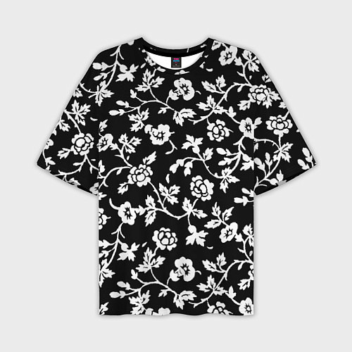 Мужская футболка оверсайз Белые цветы на чёрном фоне Белые цветы на чёрном ф / 3D-принт – фото 1