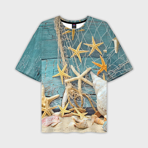 Мужская футболка оверсайз Натюрморт из сети, морских звёзд и ракушек - лето / 3D-принт – фото 1