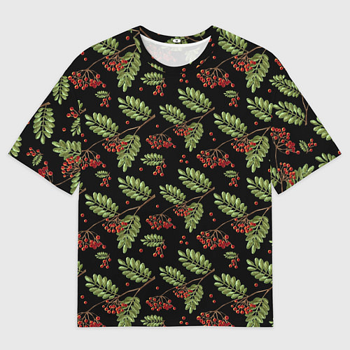 Мужская футболка оверсайз Ветки рябины на черном / 3D-принт – фото 1