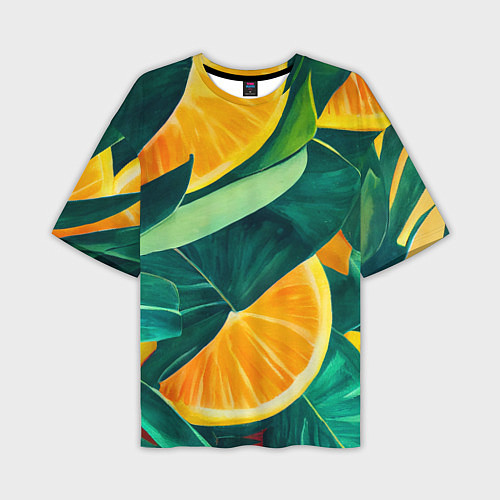 Мужская футболка оверсайз Листья монстеры и дольки апельсинов / 3D-принт – фото 1