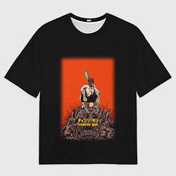 Футболка оверсайз мужская Человек-бензопила Дэндзи на красном фоне, цвет: 3D-принт